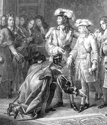 Louis XIV making his grandson a spanish king in 1700